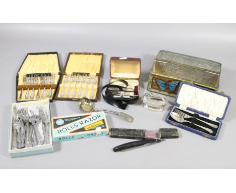 A collection of cased silver plated cutlery, Ronson table lighter, cut throat razor, rolls razor and a Versator binocular mag