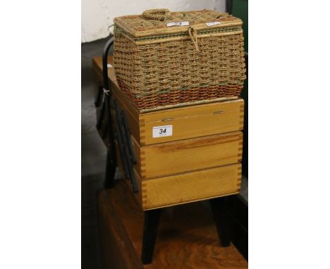A retro cantilever sewing box and a basket and contents of vintage sewing equipment.