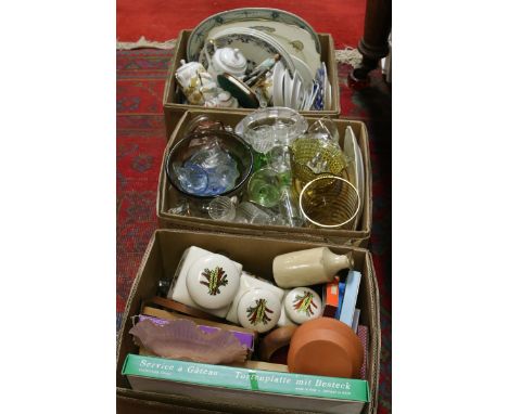 Three boxes of miscellaneous ceramics and glass including Japanese china teaset, retro kitchen jars, Art Deco coloured glass,