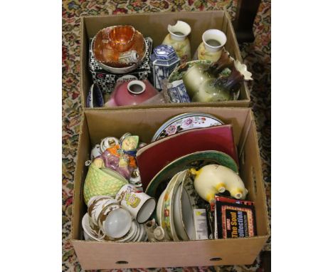 Two boxes of mixed pottery and china, dinnerwares, carnival glass, sheet music, painted glass light shade etc.