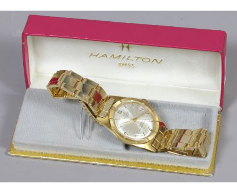 A vintage gents Buler manual bracelet watch 12 carat gold fronted with satin dial centre seconds and date window.