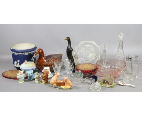 A collection of ceramics and glasswares to include Wedgwood planter (AF), Beswick Beatrix Potter figures, Border Fine Art cru