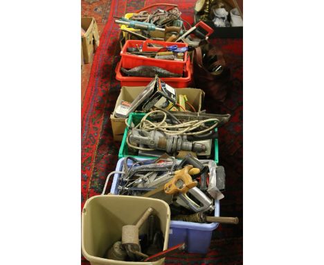 A large collection of hand and electrical tools to include chisels, spanners, hammers, saws, electric drill, Black & Decker p