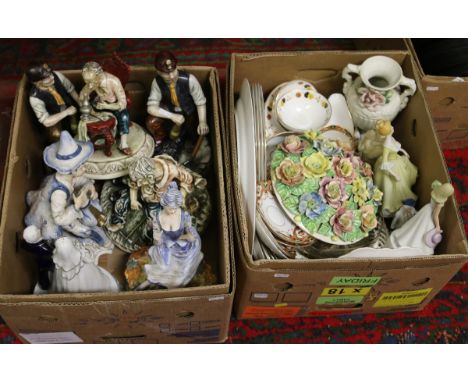 Two boxes of dinner and teawares to include Royal Albert and Winston bone china along with a box of figurines and ceramic mod