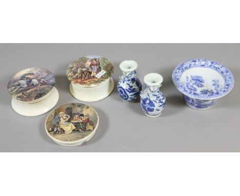 Three Prattware pot lids including two bases, Copeland Spode potted meat tub and two Chinese blue and white bud vases.