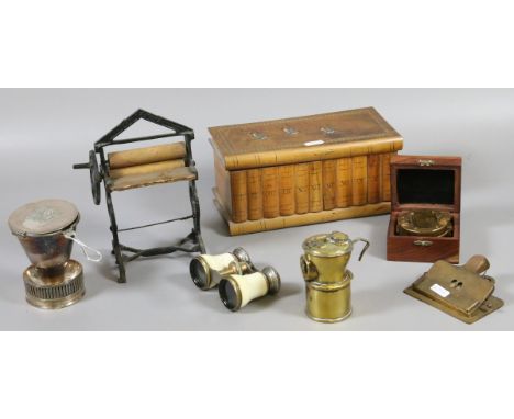 A Sorrento ware box and other collectables including bone mounted opera glasses, toy mangle, calender paperclip and cased bra