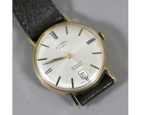 A vintage 9ct gold cased Rotary manual watch on leather strap with satin dial, baton and Roman markers and centre seconds. Th