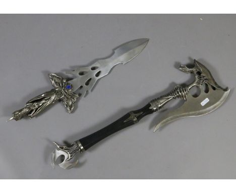 A decorative fantasy hand axe and similar dagger.