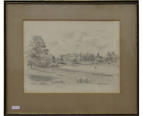 Audrey R Vaulkhard framed pencil sketch depicting Welbeck Abbey.