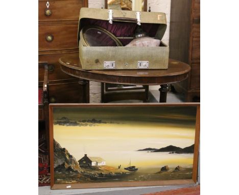 A framed oil on board along with a suitcase and contents of wall mirrors and ceiling lamp.