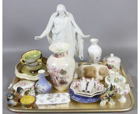 A tray of assorted ceramics including Mason, Szeiler money box, Goebel and Coalport, etc.