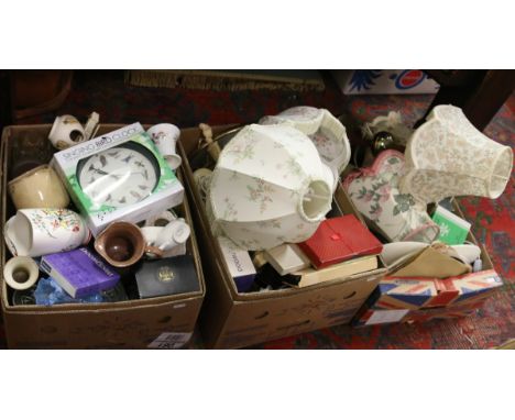 Three boxes of miscellaneous pottery, china and glassware to include Wedgwood, Crown Ducal, Royal Worcester, various tablelam