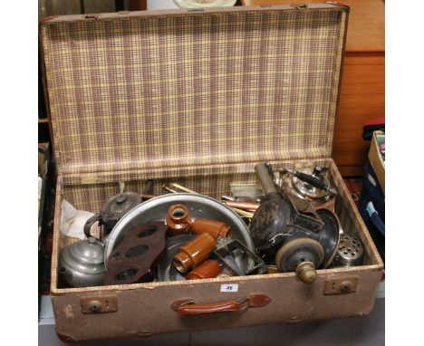 A suitcase of various metalwares to include a coach lamp, silver plated items pewter teapot etc.