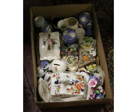 A box lot of ceramic ornaments and table centrepieces to include Bunnykins money box, cheese dishes decorated with flowers li