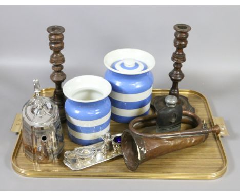A tray of collectables to include T.G.Green Cornishware, copper bugle, turned oak candlesticks and plated teapot etc.