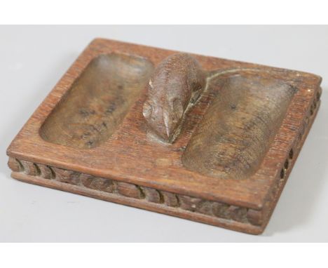 A Robert Mouseman Thompson carved oak double pin tray.