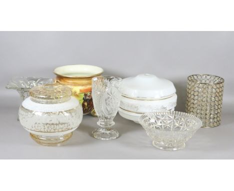 A Victorian jardiniere along with three glass lamp shades and three glass vases.