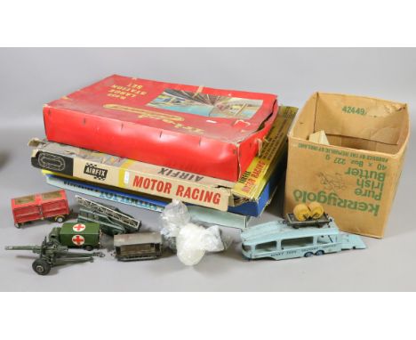 A collection of childrens vintage cars to include boxed Triang railway set, Airfix motor racing set, Corgi and Dinky diecast 