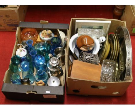 Two boxes of mixed collectables to include carnival glass, silver plated items and Royal Worcester examples.