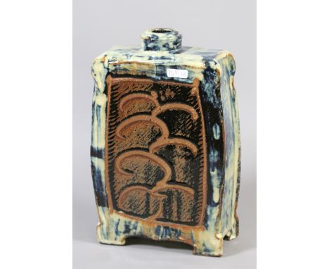 A French studio art pottery vase, square formed and signed to the base.