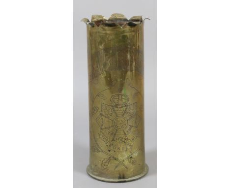 The Border Regt 1914-1919 trench art brass shell case inscribed 'Arras'.