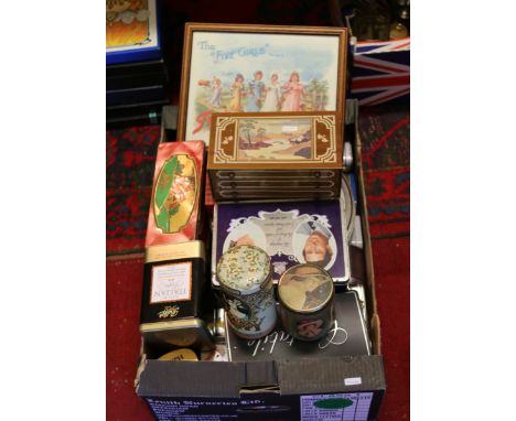 A collection of tins and a framed print to include old and novelty examples.