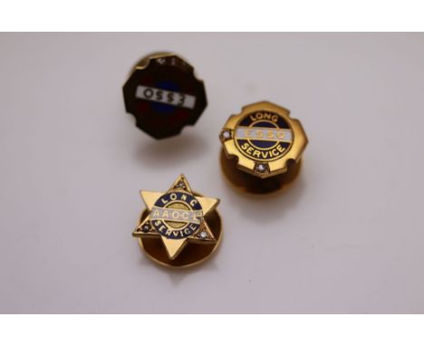 A diamond and enamelled 9ct yellow gold Long Service Esso dress stud, initials R.J. Sage to reverse, another diamond and enam