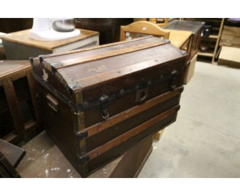 Victorian Wooden Bound and Canvas Domed Top Travelling Trunk, label to the inside ' J Biffen, Albany Street, London, establis