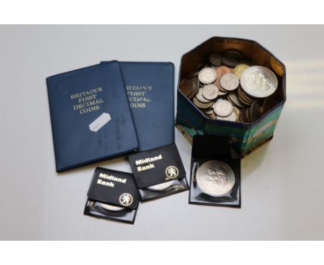 A small collection of vintage coinage to include silver, Britain's first decimal coins sets etc