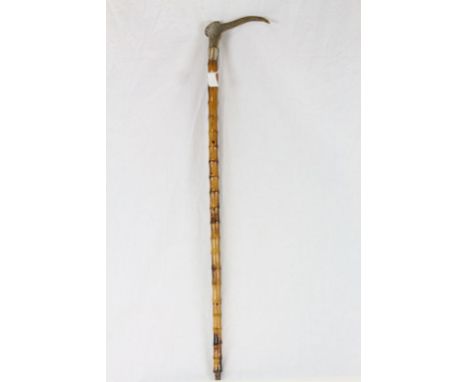 Antler Handled Walking Stick with Silver Band and Bamboo Shaft