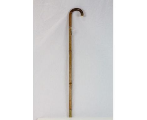 Early 20th century Walking Stick with Carved Ivory End, Gold Plated Banding and Bamboo Shaft