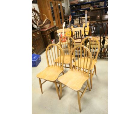 Set of Four Ercol Light Elm and Beechwood Windsor Hoop Back Dining Chairs with blue labels