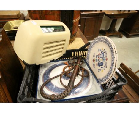 Royal Worcester Cake stand, two Staffordshire plates, a vintage Leather Whip and a Kolster- Brandes "Toaster" Radio