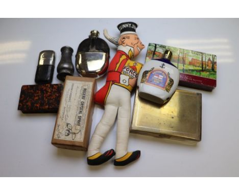 A Sunny Jim advertising soft toy, a Schweppes hip flask, a further hip flask, a small bone crochet set, a British Navy Pusser