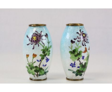 Pair of small Oriental Enamel Brass vases