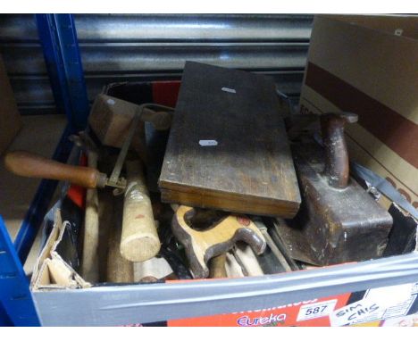 Box of Vintage Tools mainly Wooden Handle including Hammers, Saw, Chisels, etc