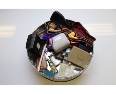 A cased set of six buttons, a silver hunter small pocket watch (af) two cased Meerschaum pipes, a cigarette case and light, a