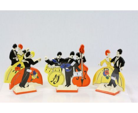 Group of three Chelsea Burslem Moorland Art Deco style dancers & musicians
