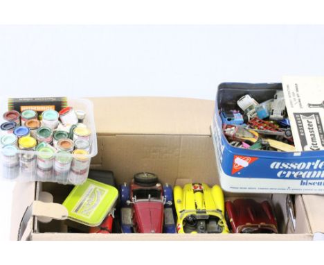 Two boxes of Diecast model cars in playworn condition and some Enamel paints