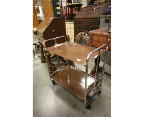 Art Deco Folding Tea Trolley, with two folding plastic trays held on a tubular chrome frame