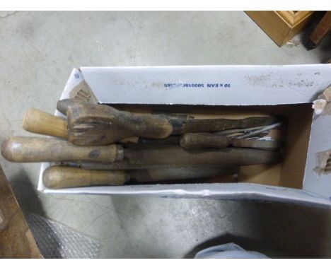 Box of Vintage Wooden Handled Tools 