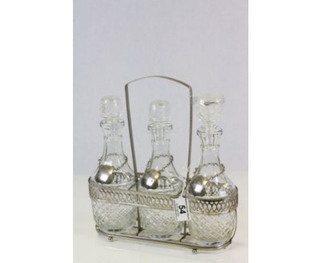 Three Bottle Decanter Set on Plated Stand with Three Spirit Labels - Port, Whiskey & Sherry