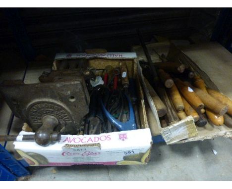 Tray of Old Boxwood and Wooden Handled Chisels and other Tools together with Parkinsons Perfect Bench Vice and Tray of Tools 