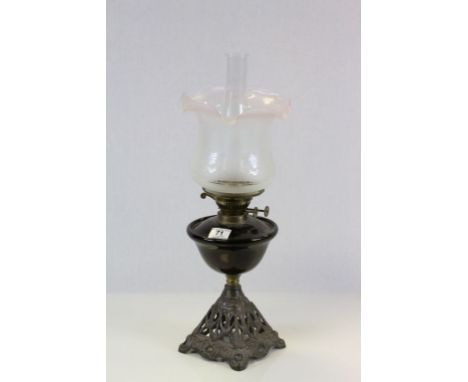 Cast Iron & Brass Oil lamp with Purple Glass reservoir and etched glass shade
