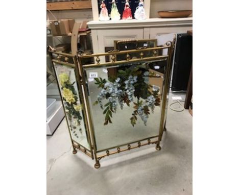 Victorian Gilt Brass Framed Triptych Firescreen, each mirrored panel with hand painted with floral design signed Val Gibson