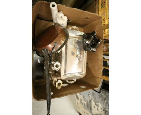Silver plate and other items to include a cased pair of Binoculars, ceramic vase, three branch Candlestick etc