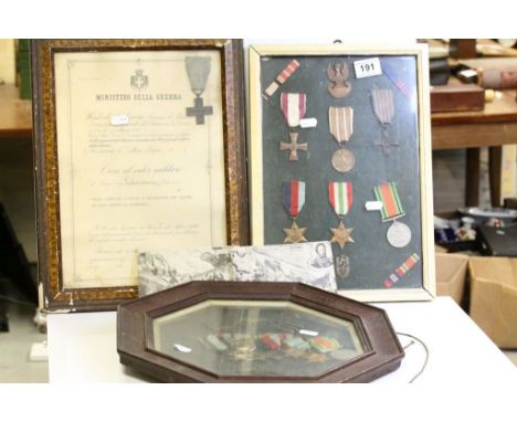 A collection of framed medals to include WWII Defence Medal x 2, 1939-1945 Star x 2, Italy Star, Air Crew Europe Star, Monte 