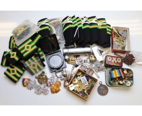 Box of Mixed Military and Other Collectables including Compass, Badges, Epaulettes, etc