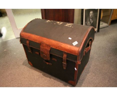 Early 20th century Leather Bound and Canvas Domed Top Travelling Trunk with GWR Label