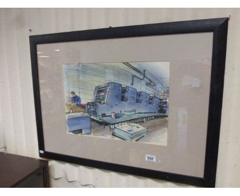 20th century Industrial Art Watercolour Man working at Printing Press signed Edward Tibbs